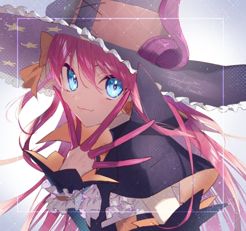 1girl black_capelet black_hat black_sleeves blue_eyes bow capelet closed_mouth curled_horns detached_sleeves dragon_girl dragon_horns earrings elizabeth_bathory_(fate) elizabeth_bathory_(halloween_caster)_(fate) fang fate/grand_order fate_(series) food-themed_earrings food_themed_earrings frilled_hat frills hair_between_eyes hand_on_own_face hand_up hat highres horns horns_through_headwear jewelry light_blush long_hair long_sleeves looking_at_viewer orange_bow pink_hair popped_collar pumpkin_earrings purple_horns skin_fang smile solo tsuyukusa_(eeta7273) twitter_username two-sided_fabric two-sided_headwear upper_body white_wrist_cuffs witch_hat wrist_cuffs