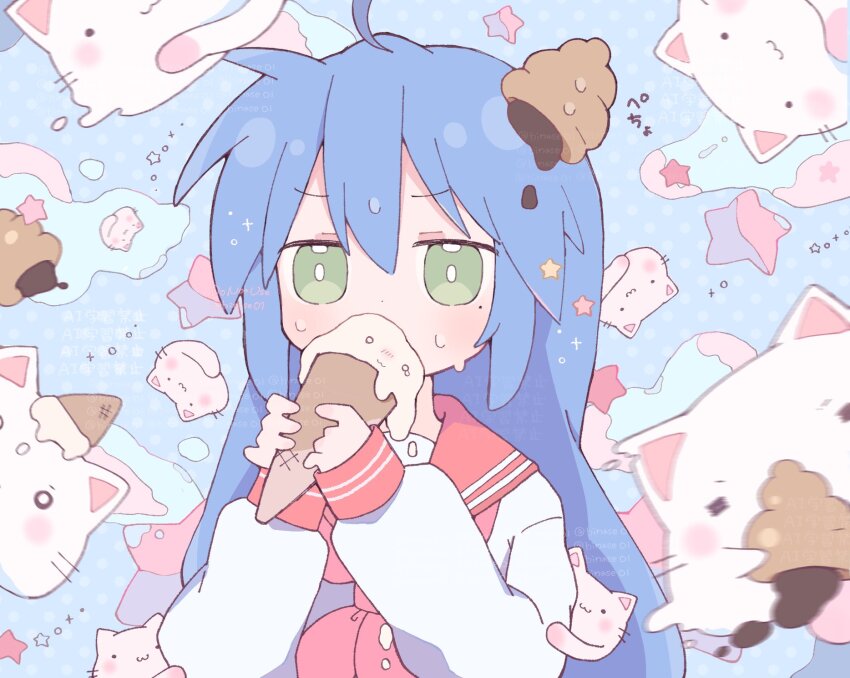 1girl ahoge blue_hair cathead chocolate_cornet commentary food food_on_clothes green_eyes highres hinase01 holding holding_food ice_cream ice_cream_cone izumi_konata long_hair long_sleeves lucky_star mole mole_under_eye neckerchief nyamou school_uniform serafuku solo sweat symbol-only_commentary upper_body