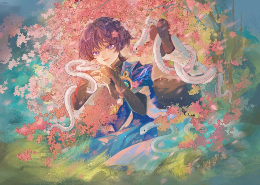 1boy aqua_gemstone armor black_bodysuit black_bridal_gauntlets black_sandals black_shorts blue_cape blunt_ends bodysuit bridal_gauntlets bright_pupils cape chinese_zodiac feathers feet_up flower full_body furisode gem genshin_impact gold_ring grass highres japanese_armor japanese_clothes kimono kote kurokote leg_warmers looking_at_viewer lying male_focus mandarin_collar middle_ring on_stomach own_hands_together parted_lips pink_flower plant pom_pom_(clothes) purple_eyes purple_hair rainbowsugarflower sandals scaramouche_(genshin_impact) shorts smile snake snake_wrapped_around_arm snake_wrapped_around_leg solo vision_(genshin_impact) wanderer_(genshin_impact) watercolor_effect white_leg_warmers white_pupils white_snake white_trim year_of_the_snake yellow_feathers zouri