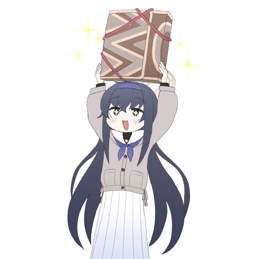 +_+ 1girl arms_up blue_archive blue_hair blush box brown_jacket cardigan feet_out_of_frame gift gift_box hairband halo highres holding holding_gift jacket kutsusama long_hair long_sleeves looking_up open_mouth sailor_collar simple_background skirt solo sparkle ui_(blue_archive) white_background white_skirt