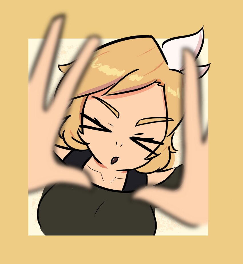 &gt;_&lt; 1girl black_shirt blonde_hair blurry breasts closed_eyes collarbone commentary depth_of_field highres morganafumo nelly_(xyronii) nostrils open_hands original parted_lips shirt solo yellow_background