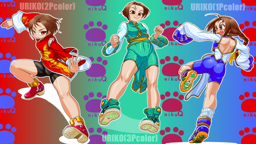 1girl ass bike_shorts bloody_roar blue_flower blush boro braid braided_ponytail brown_eyes brown_hair character_name clenched_hands fang fighting_stance flower full_body green_footwear highres hudson_soft konami long_hair long_sleeves low-tied_long_hair multiple_views nonomura_uriko open_mouth outline pelvic_curtain photoshop_(medium) red_footwear shoes short_hair sleeves_past_wrists smile sneakers white_outline