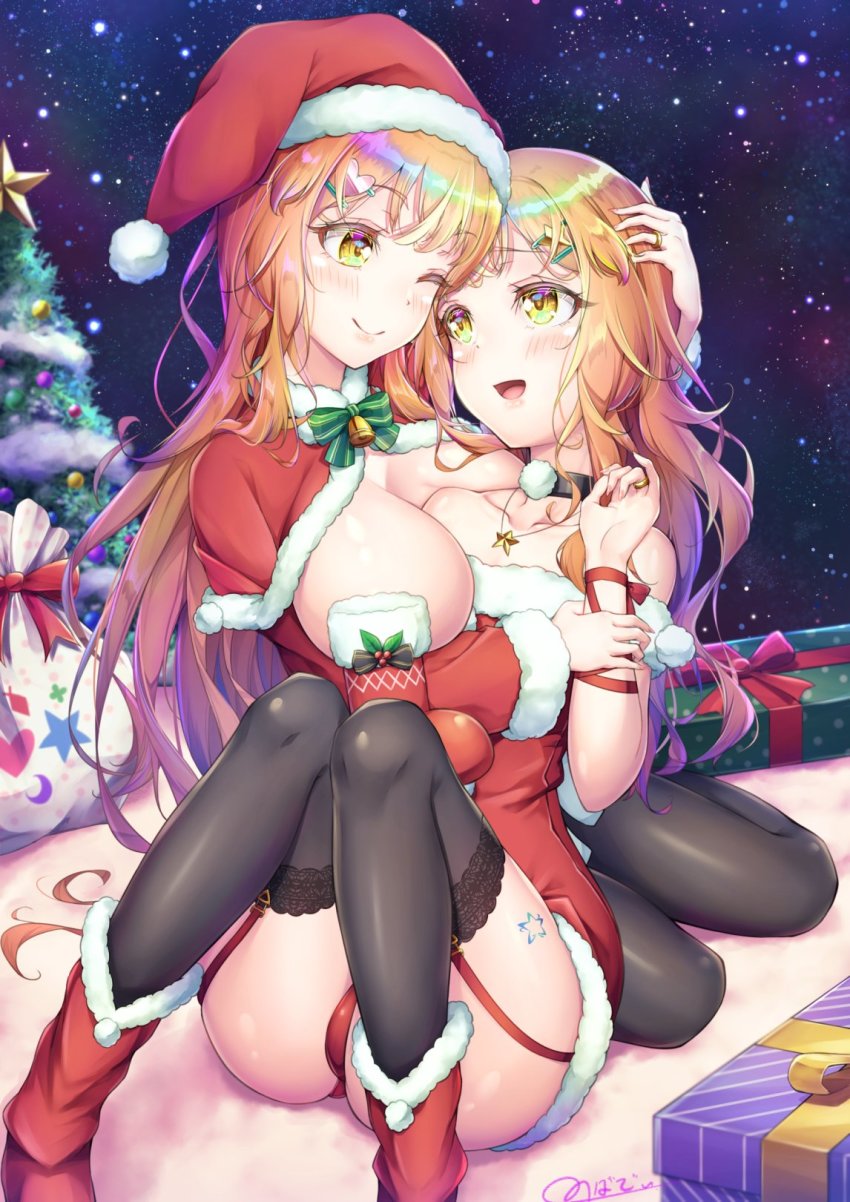 1boy 1girl ass bare_shoulders blonde_hair blush boots breasts brother_and_sister capelet christmas christmas_tree crossdressing dress garter_straps hat highres hug large_breasts long_hair moon natsusora_aona natsusora_wakana night novady one_eye_closed open_mouth original panties santa_costume santa_hat shiny_skin short_dress siblings smile snow tattoo thighhighs trap twins underwear very_long_hair wink