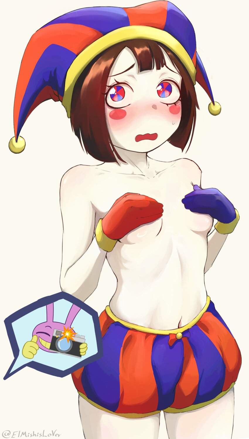 1boy 1girl absurdres animification asymmetrical_gloves blue_eyes blush blush_stickers breasts commentary_request covering_breasts covering_privates cowboy_shot gloves hat highres jax_(the_amazing_digital_circus) jester_cap mishislover mismatched_gloves navel pale_skin pomni_(the_amazing_digital_circus) raised_inner_eyebrows red_gloves shorts small_breasts spanish_commentary striped_clothes striped_headwear striped_shorts sweatdrop taking_picture the_amazing_digital_circus thumbs_up topless_female twitter_username vertical-striped_clothes vertical-striped_headwear vertical-striped_shorts wavy_mouth