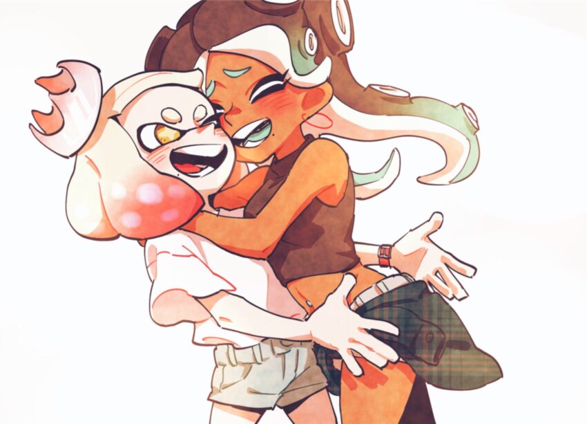2girls black_hair breasts closed_eyes crown dark-skinned_female dark_skin earrings gradient_hair green_hair highres hoop_earrings inkling jewelry marina_(splatoon) matsugi_zuntaro midriff miniskirt mole mole_under_mouth multicolored_hair multiple_girls navel_piercing nintendo octoling one_eye_closed open_mouth pearl_(splatoon) piercing red_hair shirt short_shorts shorts skirt sleeveless sleeveless_shirt small_breasts smile splatoon_(series) splatoon_2 tentacle_hair white_hair yellow_eyes