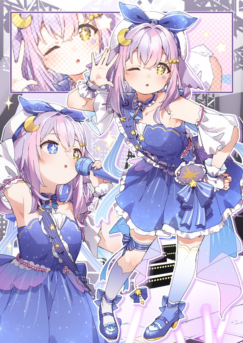 1girl :o absurdres arm_up asymmetrical_legwear bare_shoulders beret blue_bow blue_dress blue_eyes blue_ribbon blue_shoes blue_socks blue_thighhighs blush bow breasts collarbone commentary_request commission crescent crescent_hair_ornament cross-shaped_pupils dress facial_mark hair_ornament hair_ribbon hand_on_own_hip hand_up hat heterochromia highres holding holding_microphone long_hair microphone multicolored_hair multiple_views original over-kneehighs pink_hair purple_hair ribbon shoes single_over-kneehigh single_sock single_thighhigh skeb_commission small_breasts socks star_(symbol) star_hair_ornament strapless strapless_dress symbol-shaped_pupils thighhighs two-tone_hair white_hat wrist_cuffs yellow_eyes yukie_(kusaka_shi)