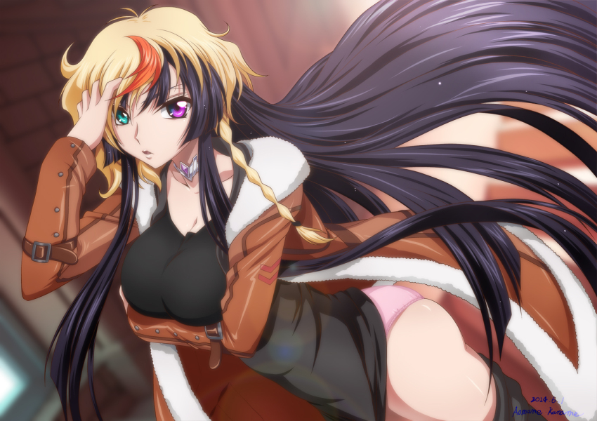 1girl ass belt black_hair breasts choker coat code_geass code_geass:_dakkan_no_roze fur-trimmed_coat fur_trim green_eyes heterochromia jacket kaname_aomame large_breasts long_hair looking_at_viewer multicolored_hair open_clothes open_jacket open_mouth panties pink_panties purple_eyes solo sumeragi_sakuya thighs underwear wig