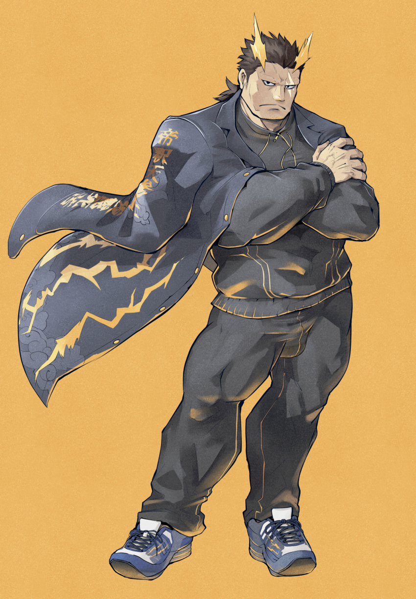 1boy bara black_jacket black_track_suit bousouzoku closed_mouth crossed_arms dark-skinned_male dark_skin delinquent full_body gakuran highres inutora08 jacket jacket_on_shoulders lightning looking_at_viewer male_focus mature_male medium_hair muscular muscular_male no_eyebrows ponytail sanpaku scar scar_across_eye scar_on_face school_uniform shoes sneakers solo standing taishakuten_(housamo) tokyo_houkago_summoners track_suit veins veiny_hands yellow_background