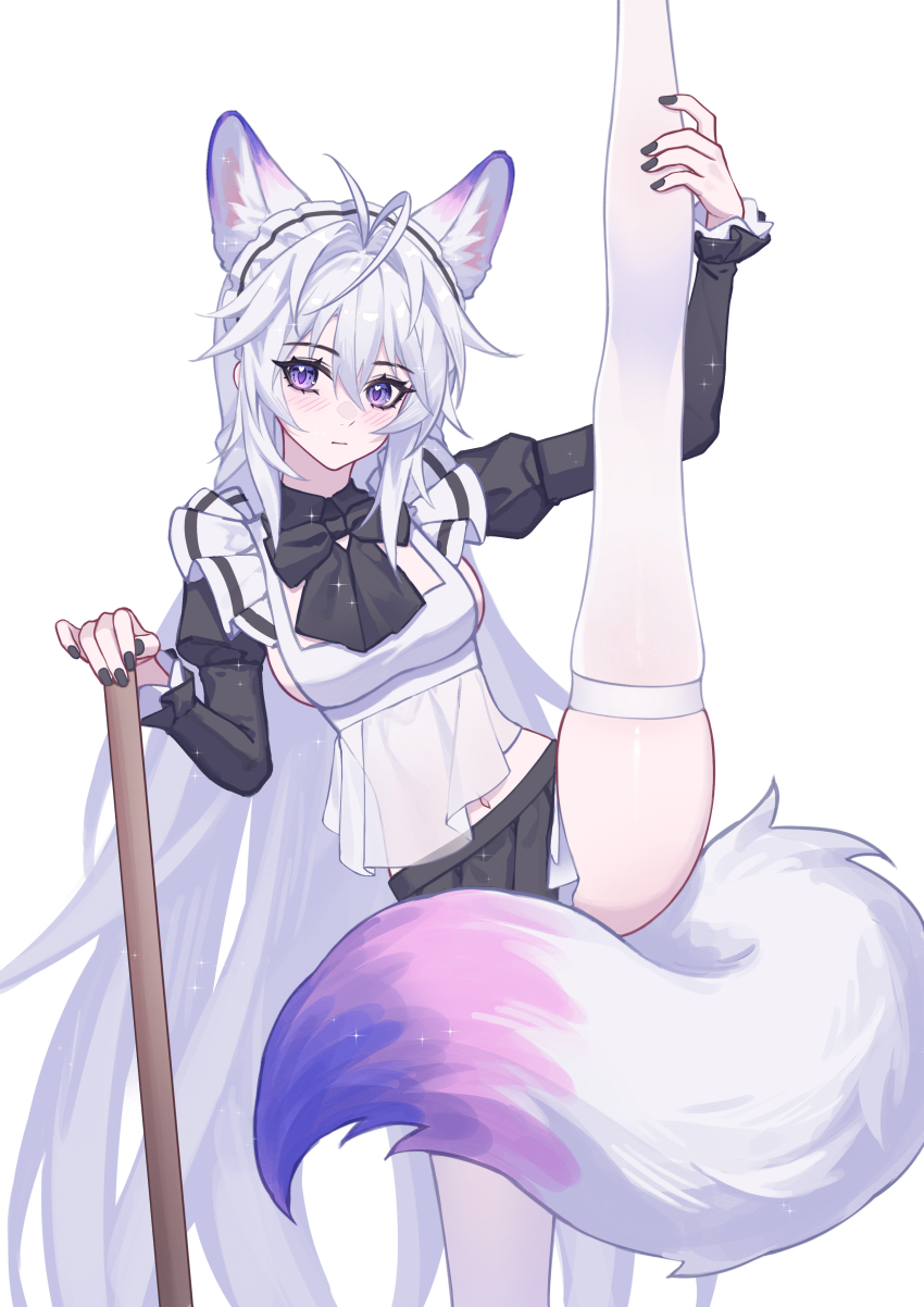 1girl absurdres animal_ear_fluff animal_ears apron black_bow black_bowtie black_nails black_skirt blush bow bowtie breasts closed_mouth commentary extra_ears fox_ears fox_girl fox_tail hair_between_eyes hair_intakes highres large_breasts long_hair long_sleeves looking_at_viewer luo_shun_yao maid meng_xi_xuan nail_polish navel original purple_eyes sidelocks simple_background skindentation skirt solo split standing standing_on_one_leg standing_split stomach tail tail_censor thighhighs thighs very_long_hair white_apron white_background white_hair white_thighhighs