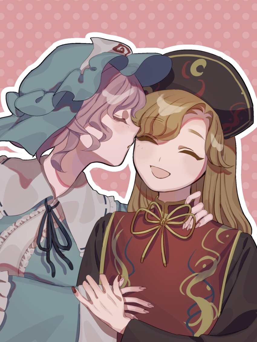 2girls black_dress black_hat black_ribbon blonde_hair blue_hat blue_kimono blush chinese_clothes closed_eyes collared_kimono commentary commission crescent crescent_print dalachi_(headdress) dress english_commentary english_text fingernails frills hand_around_neck hat highres japanese_clothes junko_(touhou) kimono kiss kissing_cheek konoha217 long_fingernails long_hair mandarin_collar mob_cap multiple_girls nail_polish neck_ribbon open_mouth pink_background pink_hair polka_dot polka_dot_background red_nails red_tabard ribbon saigyouji_yuyuko short_hair smile tabard touhou triangular_headpiece upper_body veil wing_collar yellow_ribbon yuri