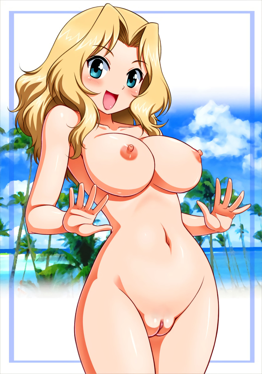 10s 1girl :d beach blonde_hair blue_eyes blush border breasts cleft_of_venus female_focus girls_und_panzer groin happy highres hip_focus kay_(girls_und_panzer) large_breasts long_hair looking_at_viewer navel nipples nude ocean open_mouth palm_tree palms pussy shiny_skin smile solo tanuki_yousuke thighs topfreedom tree