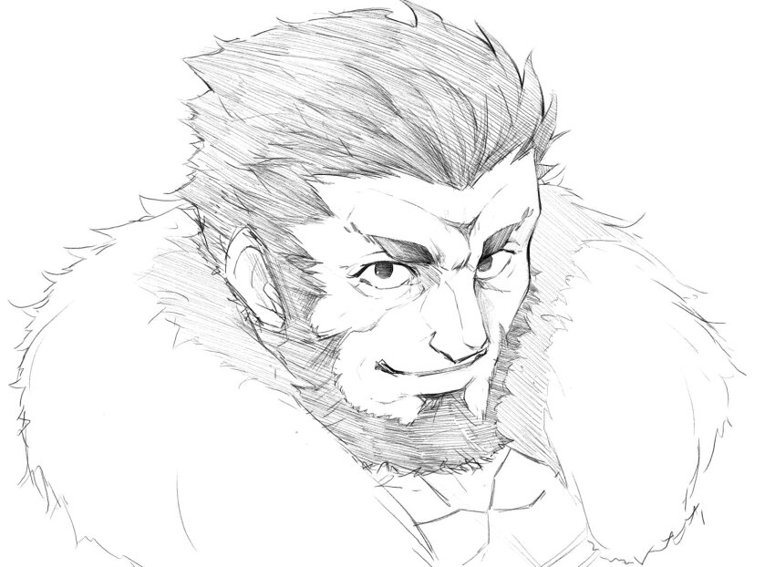 1boy beard commentary_request facial_hair fate/zero fate_(series) fur_trim greyscale highres iskandar_(fate) male_focus mature_male monochrome nyum portrait sketch smile solo