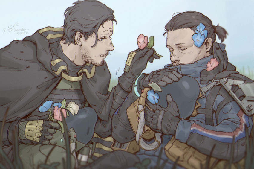 2boys black_cape black_gloves black_hair blue_flower blue_jacket cape closed_eyes couple death_stranding english_text facial_hair flower gloves goatee green_pants grey_hair hamms_hamss higgs_(death_stranding) highres holding holding_flower hood hood_down hooded_cape jacket looking_at_another male_focus mature_male multiple_boys mustache pants pink_flower sam_porter_bridges short_hair yaoi