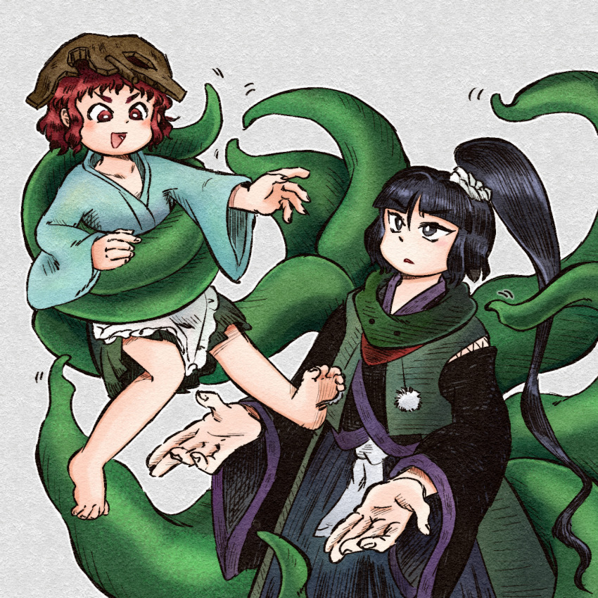 2others adagumo_no_yaorochi androgynous apron bare_legs barefoot black_eyes black_hair black_kimono black_sleeves blue_hakama blue_kimono blunt_bangs blush bright_pupils brown_helmet chikafumikou collarbone commentary_request cowboy_shot detached_sleeves fingernails frilled_apron frills full_body green_hakama green_jacket green_scarf hair_ornament hair_scrunchie hakama hakama_short_skirt hakama_skirt height_difference helmet high_ponytail highres jacket japanese_clothes jinbaori jinbei_(clothes) katano_sukune kimono len&#039;en lifting_person light_blush light_frown long_hair long_sleeves looking_at_another lower_teeth_only motion_lines multiple_others multiple_tails no_shoes open_mouth other_focus palms parted_bangs parted_lips pom_pom_(clothes) ponytail prehensile_tail red_eyes red_hair red_scarf scarf scrunchie short_kimono simple_background skirt smile snake_tail tail teeth thick_eyebrows toenails toes v-shaped_eyebrows very_long_hair waist_apron wavy_hair white_apron white_background white_pupils white_scarf wide_sleeves