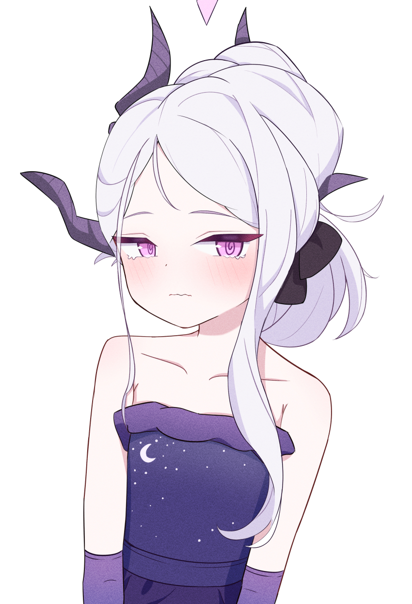1girl absurdres akarenga blue_archive blush demon_girl demon_horns dress flat_chest gloves halo highres hina_(blue_archive) hina_(dress)_(blue_archive) horns long_hair looking_at_viewer off_shoulder purple_dress purple_eyes purple_gloves simple_background solo tears white_background white_hair