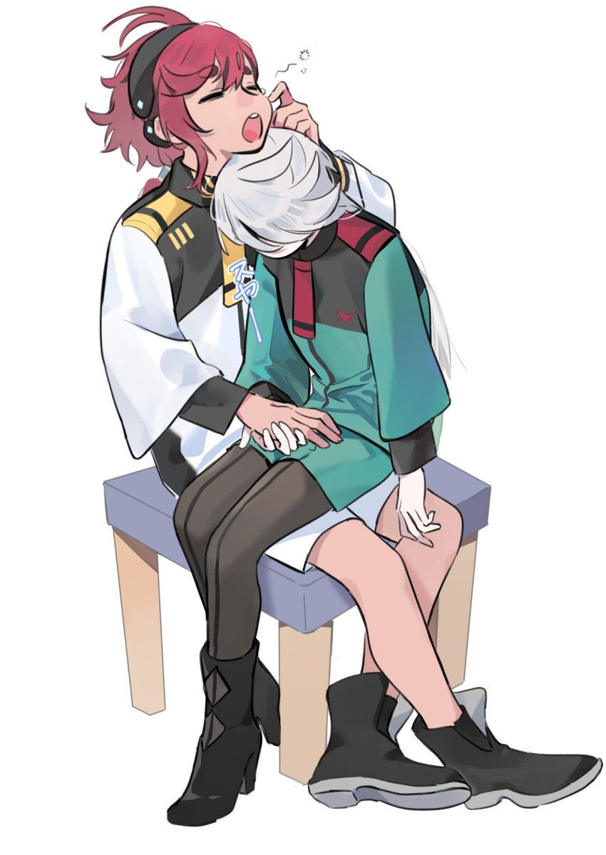 2girls asticassia_school_uniform black_footwear black_hairband black_pantyhose boots closed_eyes commentary_request green_jacket green_shorts gundam gundam_suisei_no_majo hairband highres holding_hands jacket knightym22 long_hair long_sleeves miorine_rembran multiple_girls open_mouth pantyhose red_hair school_uniform shorts simple_background sitting sitting_on_lap sitting_on_person sleeping squeans suletta_mercury thick_eyebrows translation_request white_background white_hair white_jacket white_shorts yawning yuri