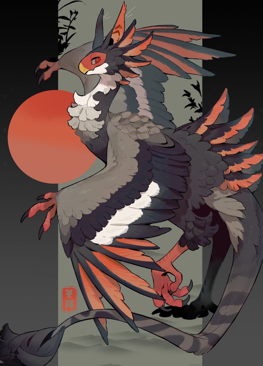 absurdres animal_focus beak bird_tail bul_(moiko) creature feathers from_side full_body highres looking_at_viewer no_humans original profile raptor red_eyes solo tail talons wings