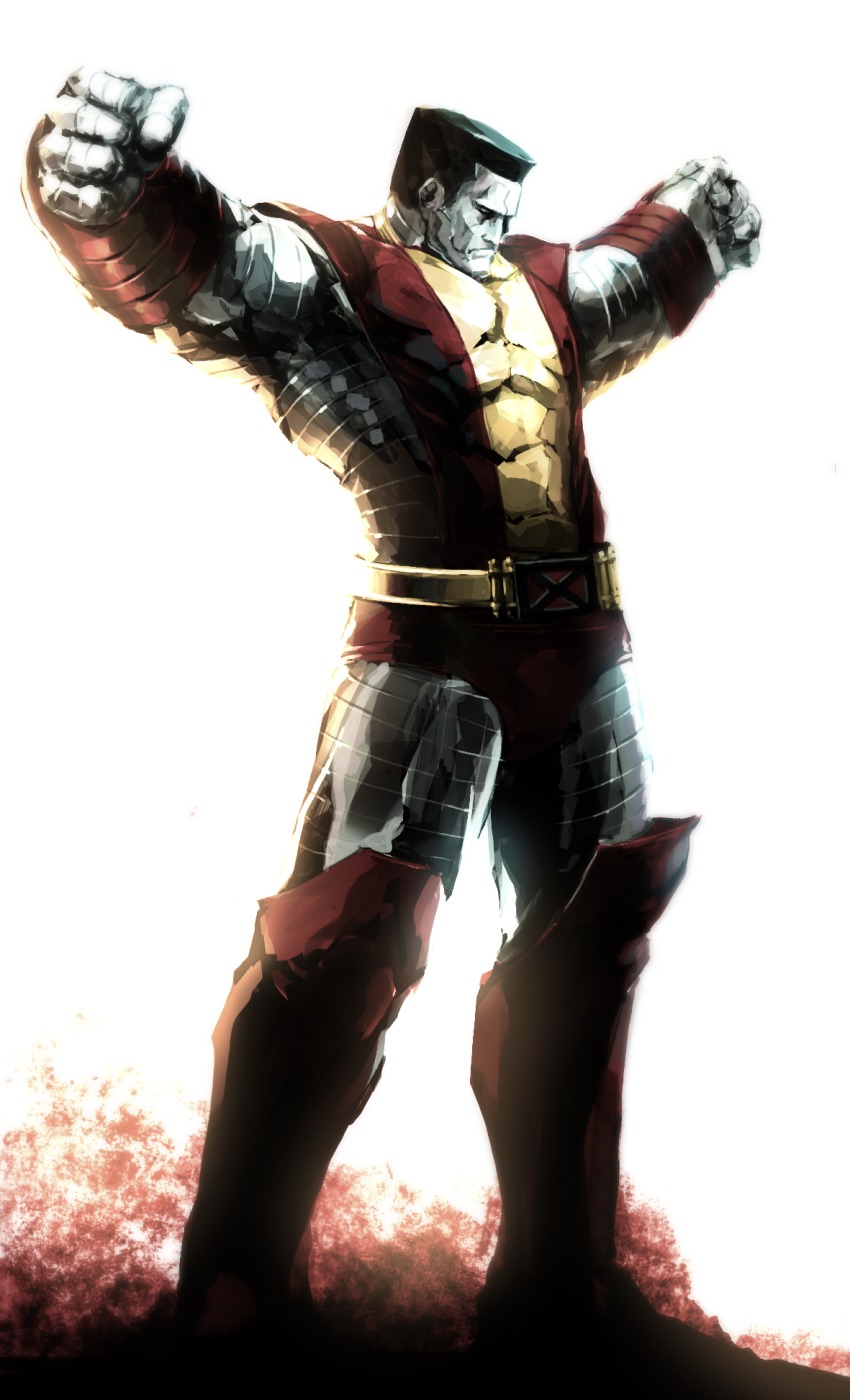 10s 1boy abs black_hair boots colored_skin colossus_(x-men) grey_skin highres male_focus marvel metal_skin naratani simple_background solo superhero_costume white_background x-men