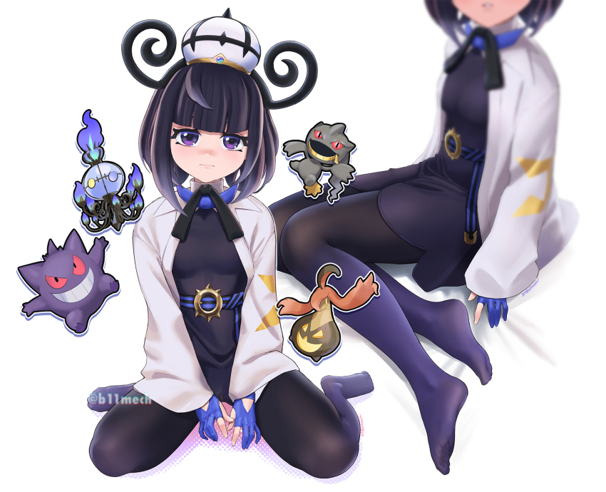 1girl banette beleven black_dress black_hair black_pantyhose black_ribbon blue_gloves blunt_bangs chandelure closed_mouth dress eyelashes gen_1_pokemon gen_3_pokemon gen_5_pokemon gen_6_pokemon gengar gloves gourgeist gwynn_(pokemon) highres jacket looking_at_viewer medium_hair mega_chandelure mixed-language_commentary multiple_views neck_ribbon nintendo open_clothes open_jacket pantyhose partially_fingerless_gloves pokemon pokemon_legends:_z-a purple_eyes ribbon twitter_username watermark white_background white_jacket