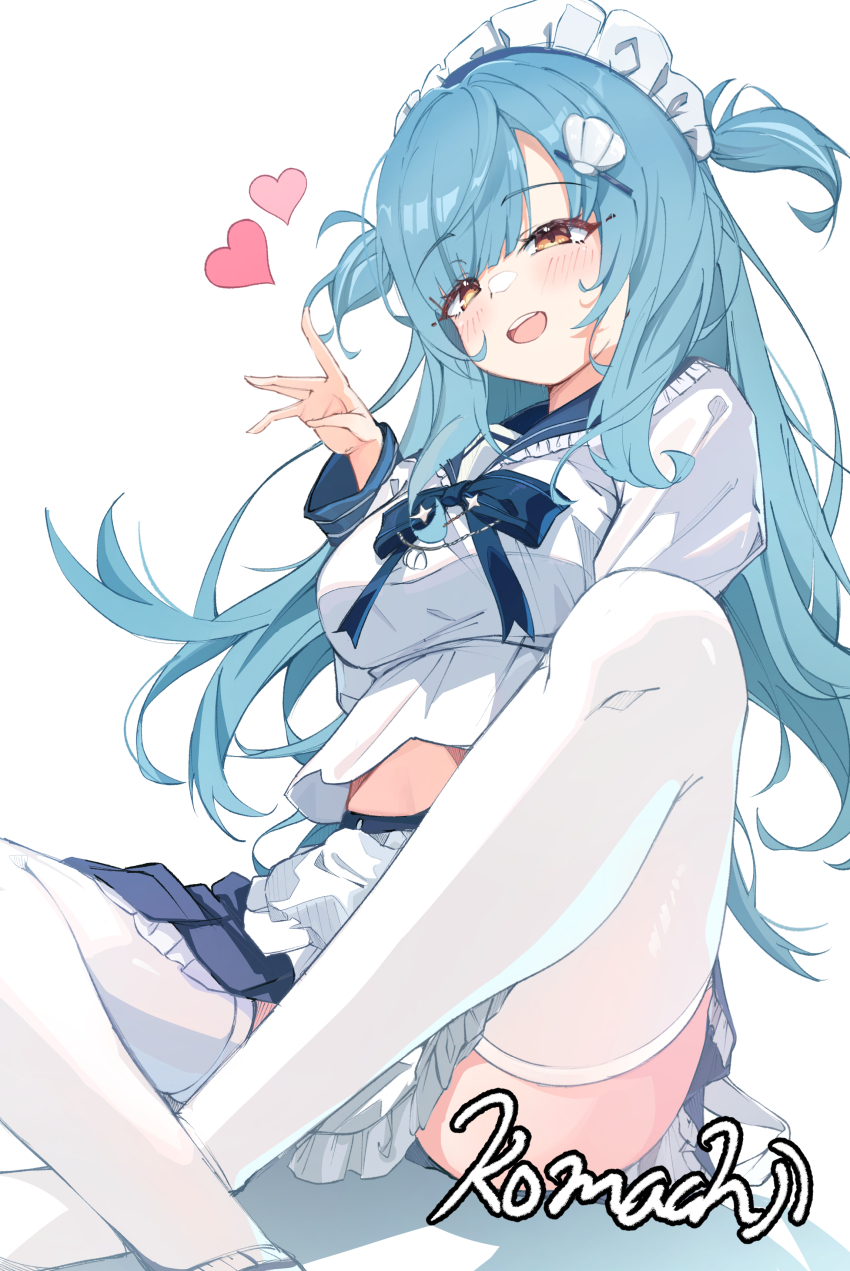 1girl absurdres apron azur_lane blue_hair blush collared_shirt cropped_shirt heart highres komachi_0808 long_hair maid_headdress neptune_(azur_lane) open_mouth shell_hair_ornament shirt sitting solo spoken_heart thighhighs waist_apron white_apron white_background white_shirt white_thighhighs yellow_eyes