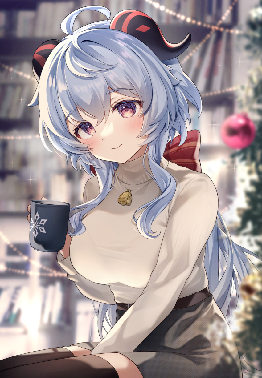 1girl blue_hair christmas cup ganyu_(genshin_impact) genshin_impact goat_horns gyozanuko highres horns long_hair looking_at_viewer mug pleated_skirt purple_eyes sitting skirt smile solo