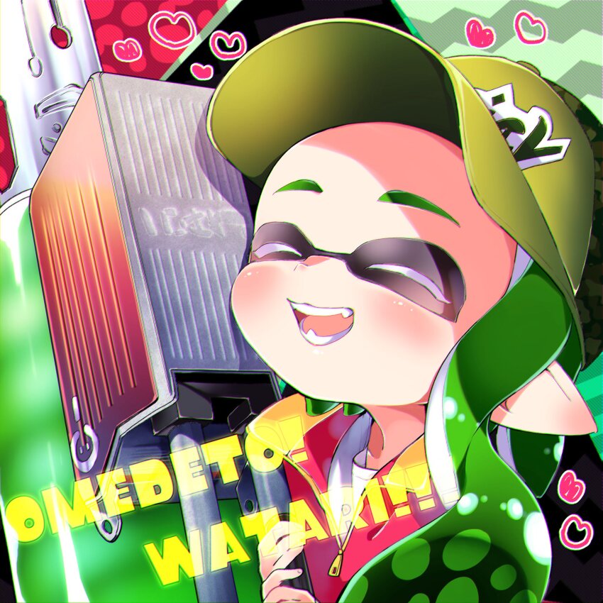 1girl ^_^ asymmetrical_bangs baseball_cap chromatic_aberration closed_eyes commentary_request fangs flingza_roller_(splatoon) green_hair green_hat hat highres holding holding_weapon inkling inkling_girl inkling_player_character irokiiro jacket long_hair nintendo open_mouth pink_jacket pointy_ears portrait shirt smile solo splatoon_(series) splatoon_2 tentacle_hair wavy_hair weapon white_shirt zipper_pull_tab