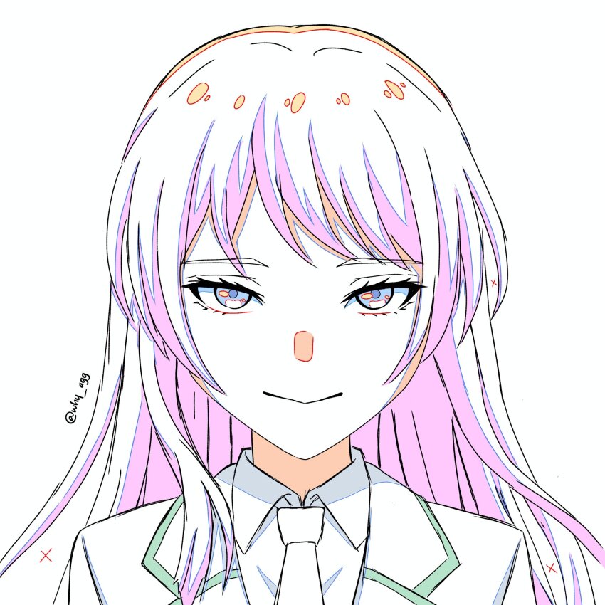 1girl a_whydc bang_dream! bang_dream!_it&#039;s_mygo!!!!! chihaya_anon closed_mouth collared_shirt commentary grey_eyes grey_jacket haneoka_school_uniform hashtag-only_commentary highres jacket long_hair looking_at_viewer necktie pink_hair portrait school_uniform shirt simple_background solo twitter_username white_background white_necktie white_shirt