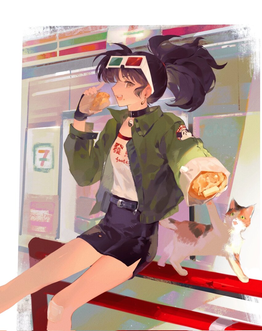 1girl 3d_glasses 7-eleven :d an-an_lee black_choker black_hair black_skirt bread calico cat choker clothes_writing convenience_store earrings feet_out_of_frame food gauze gauze_on_knee giving_food green_jacket hand_up highres holding holding_food hoop_earrings jacket jewelry ming_(meen_120) miniskirt on_railing open_mouth outstretched_arm pencil_skirt ponytail profile railing reaching reaching_towards_viewer reverse:1999 shirt shop sitting skirt smile solo white_shirt yellow_eyes yin_yang