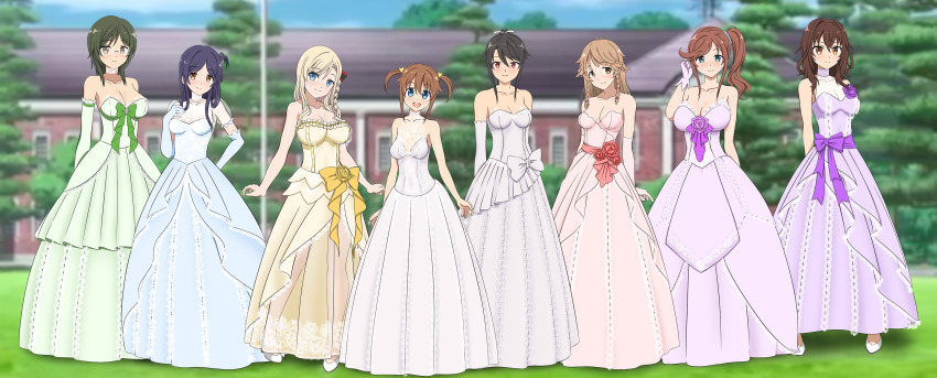 6+girls bare_shoulders blonde_hair blue_dress blue_eyes blue_hair blush braid breasts brown_eyes choker cleavage closed_mouth collarbone dress elbow_gloves full_body glasses gloves green_dress green_hair hair_ribbon high_school_fleet highres ise_sakura kuroki_hiromi large_breasts looking_at_viewer marikouji_kaede medium_hair misaki_akeno multiple_girls munetani_mashiro noma_machiko nosa_kouko open_mouth outdoors pink_dress ponytail purple_dress red_eyes ribbon side_ponytail sky small_breasts smile twintails wedding_dress white_dress wicchii wilhelmina_braunschweig_ingenohl_friedeburg yellow_dress