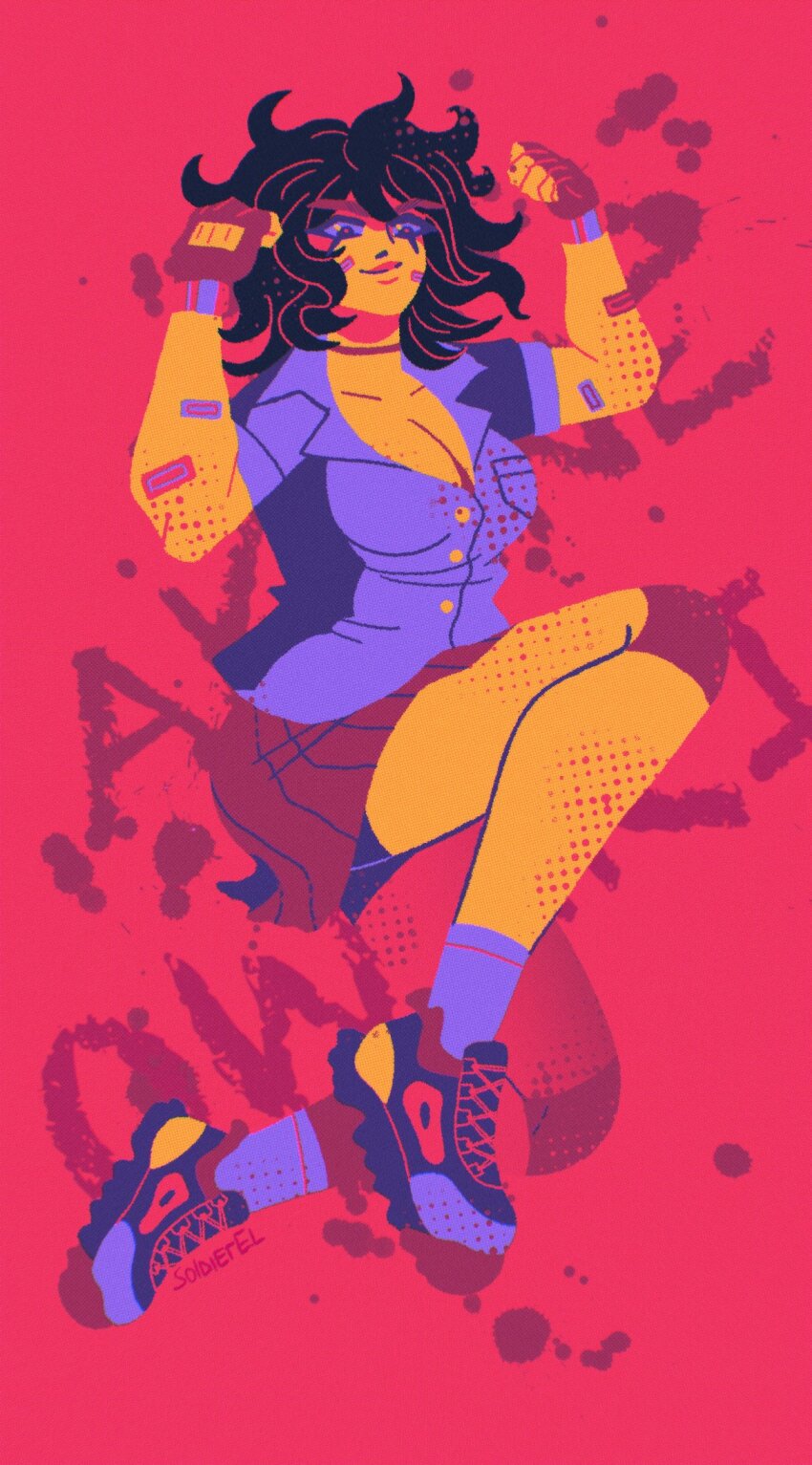 1girl arms_up artist_name bandaid bandaid_on_arm breasts buttons cleavage closed_mouth collared_shirt commentary danganronpa_(series) danganronpa_2:_goodbye_despair english_commentary fingerless_gloves full_body gloves highres medium_hair owari_akane red_background shirt shoes short_sleeves simple_background skirt smile socks soldierel solo