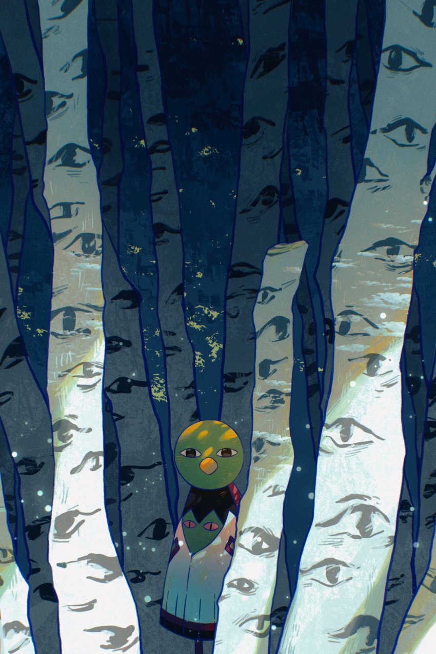 bird black_eyes commentary_request dark eye_print forest gen_2_pokemon highres looking_at_viewer nature nintendo no_humans pokemon pokemon_(creature) solo tree wulie_errr xatu