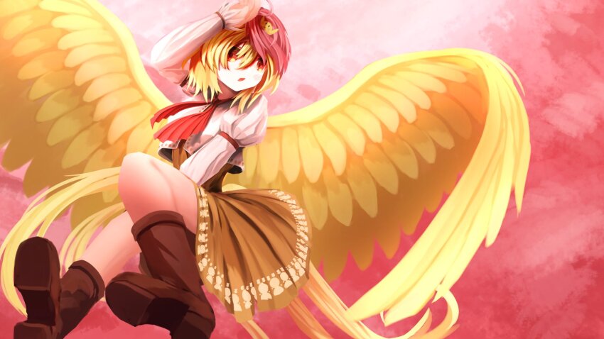 1girl animal animal_on_head baby_animal bird bird_on_head bird_tail bird_wings blonde_hair boots chick commentary_request dress feathered_wings garakuraku highres light_blush long_sleeves multicolored_hair niwatari_kutaka on_head open_mouth red_eyes red_hair short_hair solo tail touhou two-tone_hair wings yellow_wings