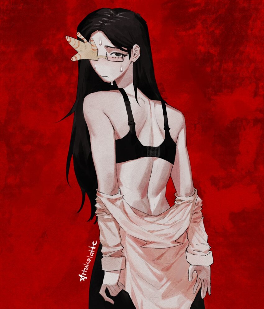 1girl :s artukolatte back bare_shoulders black_bra black_eyes black_hair black_pants bra closed_mouth commentary coral coral_glasses_(joel_g) cowboy_shot ena:_dream_bbq english_commentary from_behind glasses hair_behind_ear highres long_hair long_sleeves looking_at_viewer looking_back nervous nervous_sweating pale_skin pants partially_undressed rectangular_eyewear red_background shirt shirt_partially_removed shoulder_blades signature simple_background solo standing sweat underwear white_shirt