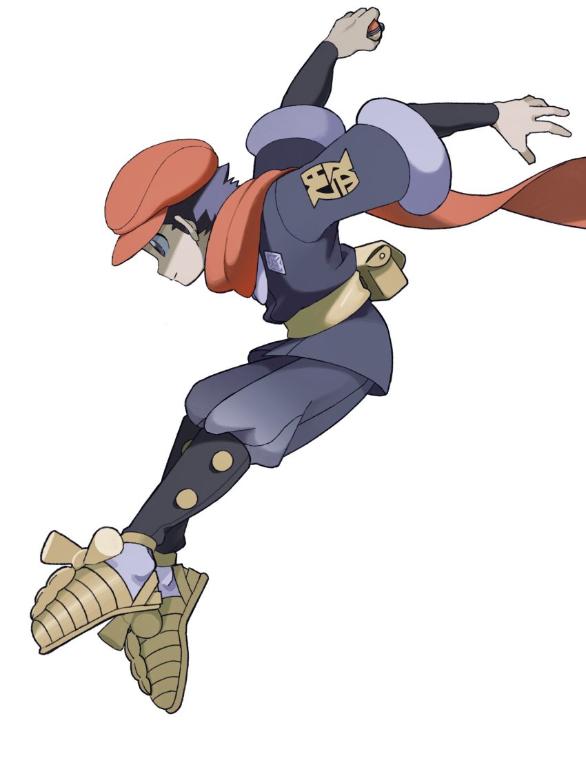 1boy black_hair black_shirt brown_shoes closed_mouth commentary_request from_side full_body gogot grey_eyes grey_jacket grey_pants hat highres hisuian_poke_ball holding holding_poke_ball jacket logo male_focus nintendo pants poke_ball pokemon pokemon_legends:_arceus rei_(pokemon) scarf shirt shoes short_hair simple_background solo white_background