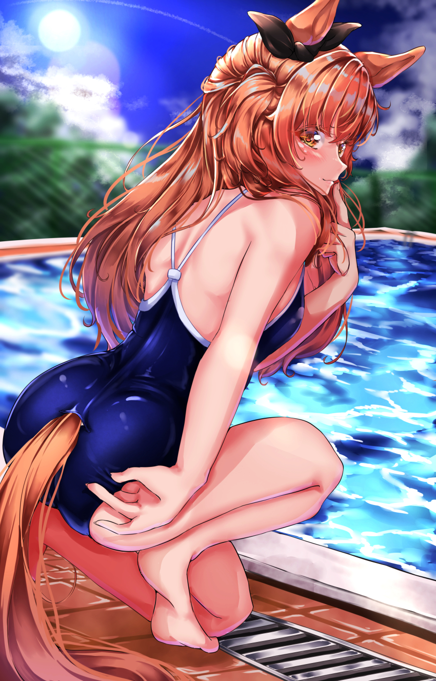 1girl absurdres animal_ears ass bare_shoulders barefoot blue_one-piece_swimsuit blue_sky blurry blurry_background blush breasts closed_mouth clothing_cutout commentary_request competition_school_swimsuit competition_swimsuit day ear_ornament highres horse_ears horse_girl horse_tail lens_flare long_hair looking_at_viewer mayano_top_gun_(umamusume) one-piece_swimsuit orange_eyes orange_hair outdoors pool poolside school_swimsuit sky small_breasts solo squatting swimsuit tabunshake tail tail_through_clothes tracen_swimsuit two_side_up umamusume water