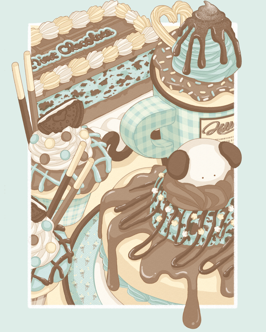 absurdres blue_border blue_theme border cake chocolate cup cupcake donut food food_focus highres mint_chocolate mint_chocolate_(razschi) nekomaru0817 no_humans original outside_border pastel_colors plate popsicle sprinkles still_life sweets whipped_cream