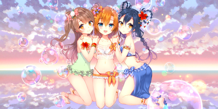 10s 3girls anklet ass bangle barefoot bikini blue_hair blush bow bracelet braid braided_hair_rings brown_eyes brown_hair bubble feet female_focus girl_sandwich hair_bow hair_rings holding_hands jewelry kneeling kosaka_honoka long_hair looking_at_viewer love_live! love_live!_school_idol_project minami_kotori multiple_girls navel open_mouth sandwiched sarong side_ponytail single_hair_ring soles sonoda_umi swimsuit toes yadapot yellow_eyes