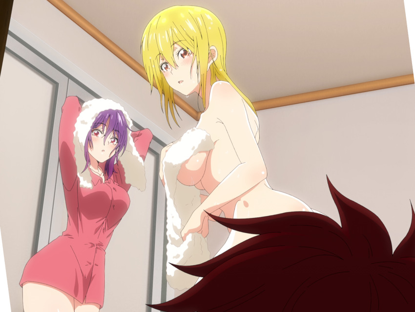 1boy 2girls akagami_akemitsu aoba_tsukuyo aoba_yuzuki ass blonde_hair breasts highres large_breasts multiple_girls naked_towel purple_hair red_eyes siblings sisters stitched temple_(series) third-party_edit towel walk-in