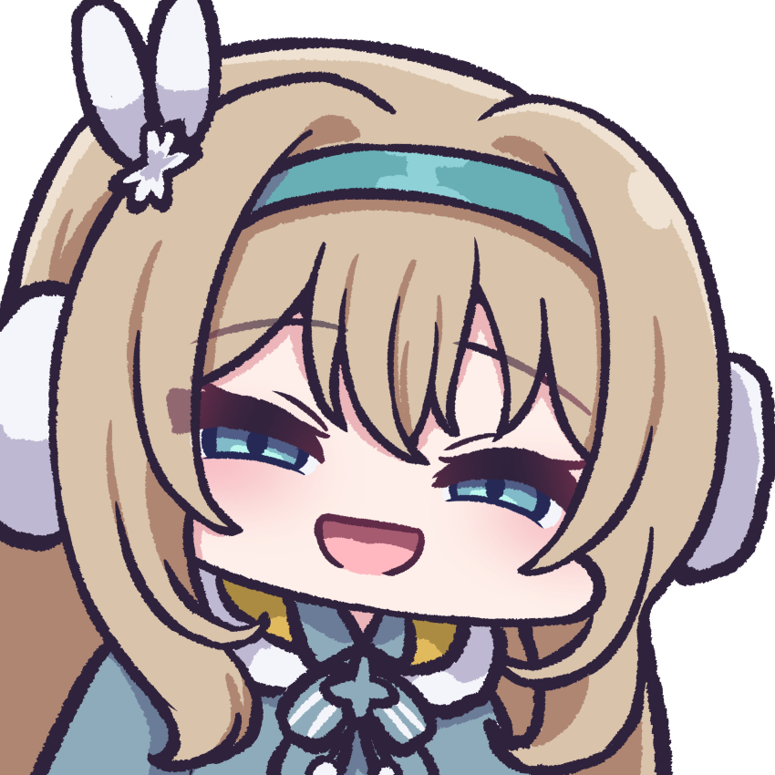 1girl :d absurdres blonde_hair blue_eyes blue_hairband blue_jacket blush chibi earmuffs evil_smile fur_trim girls&#039;_frontline girls&#039;_frontline_2:_exilium hair_between_eyes hair_intakes hair_ornament hairband half-closed_eyes highres jacket long_hair looking_at_viewer open_mouth panatisia sidelocks simple_background smile snowflake_hair_ornament solo suomi_(girls&#039;_frontline) suomi_(girls&#039;_frontline_2) white_background