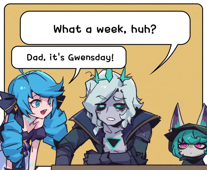 1boy 2girls :d ahoge black_bow black_dress black_jacket black_sclera bow colored_sclera colored_skin dress green_eyes green_hair grey_skin gwen_(league_of_legends) highres hole_in_chest hole_on_body hood hood_up jacket league_of_legends leaning_forward long_hair meme multiple_girls open_clothes open_jacket open_mouth phantom_ix_row pink_eyes puffy_short_sleeves puffy_sleeves short_sleeves smile teeth tintin triangle twintails upper_teeth_only vex_(league_of_legends) viego_(league_of_legends) what_a_week_huh_(meme) yordle