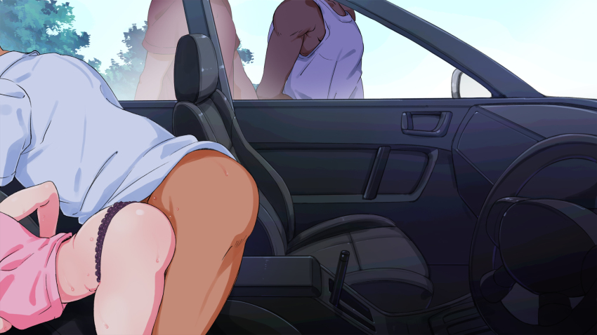1girl 3boys bare_legs bent_over bottomless car car_interior clothed_sex clothing_aside day engawa_suguru feet from_side head_out_of_frame high_heels highres legs legs_up lying motor_vehicle multiple_boys original panties panties_aside pink_shirt public_indecency rape roshutsudo_no_takai_hitchhike_gal_wo... seat sex sex_from_behind shirt sky standing sweatdrop thighs toes tree underwear vaginal walking wheels window
