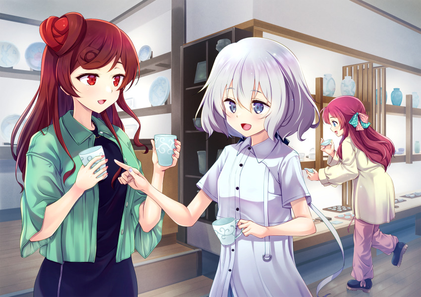 3girls blue_eyes brown_hair cup green_jacket highres holding holding_cup jacket konno_junko minamoto_sakura multiple_girls murasaki_atsushi pink_hair red_eyes upper_body yuugiri_(zombie_land_saga) zombie_land_saga