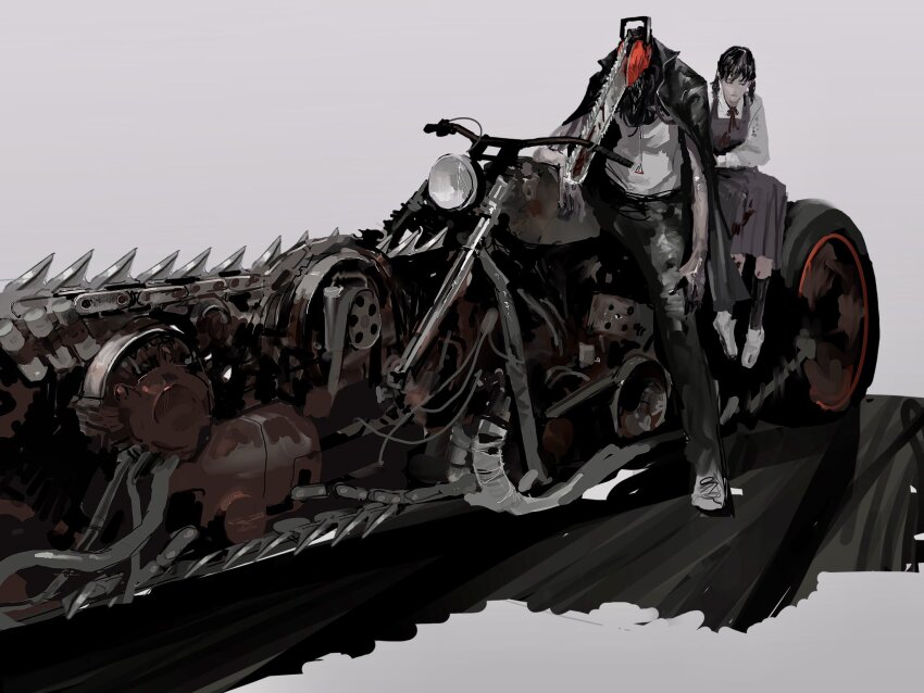 1boy 1girl black_hair chainsaw chainsaw_man closed_eyes closed_mouth denji_(chainsaw_man) full_body grey_background highres jacket jacket_on_shoulders mitaka_asa motor_vehicle motorcycle pants rintaro_komori school_uniform shirt simple_background sitting white_shirt