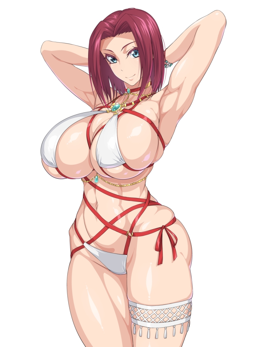 1girl armpits arms_behind_head arms_up bare_shoulders bikini blue_eyes bracelet breasts choker cleavage closed_mouth code_geass collarbone commentary_request full_body highres jewelry kouzuki_kallen large_breasts looking_at_viewer medium_hair navel ozaneko parted_bangs partial_commentary red_choker red_hair sandals simple_background skindentation smile solo standing stomach swimsuit thigh_strap toned white_background white_bikini