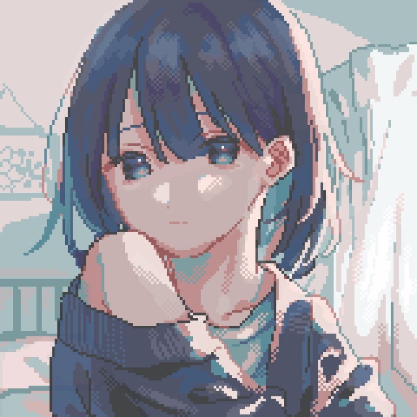 1girl asleep_onthebed bed bedroom black_eyes black_hair black_sweater blue_shirt blunt_bangs curtains highres looking_at_viewer off_shoulder original photo_(object) pixel_art railing shirt short_hair solo sunlight sweater upper_body