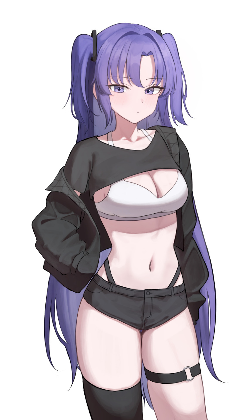 1girl absurdres black_jacket black_shorts black_shrug blue_archive breasts cleavage closed_mouth collarbone contrapposto cowboy_shot crop_top expressionless hair_ornament halterneck hand_in_pocket highleg highres jacket long_hair looking_at_viewer medium_breasts micro_shorts midriff navel no_halo off_shoulder open_clothes open_jacket panty_straps parted_bangs purple_eyes purple_hair seungju short_shorts short_sleeves shorts shrug_(clothing) simple_background single_thighhigh skindentation sleeveless solo sports_bra standing stomach thigh_strap thighhighs thighs two_side_up unfinished very_long_hair white_background white_sports_bra yuuka_(blue_archive)