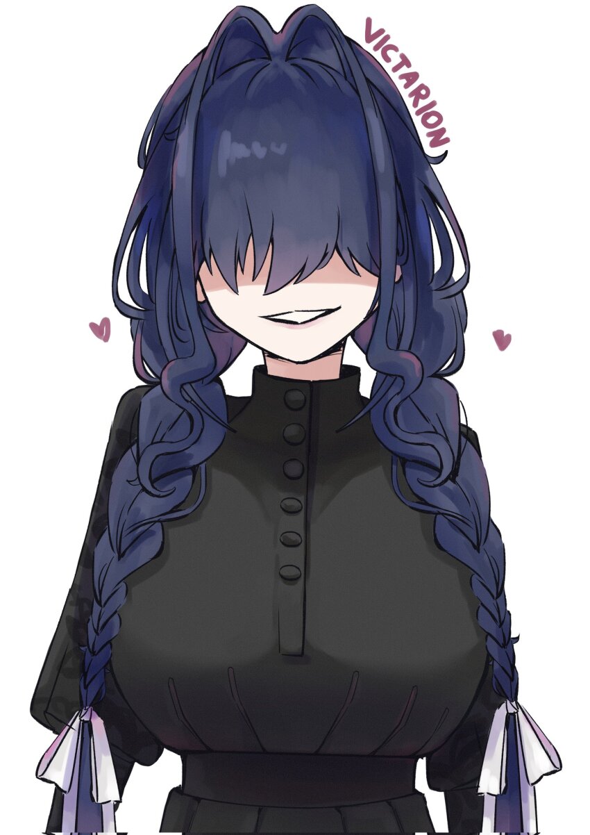 1girl artist_name black_dress black_hair braid breasts commentary dress english_commentary grin hair_intakes hair_over_eyes hair_ribbon heart highres hololive hololive_english large_breasts low_twin_braids no_apron official_alternate_costume ouro_kronii ouro_kronii_(maid) ribbon simple_background smile solo twin_braids victarionsc virtual_youtuber white_background white_ribbon