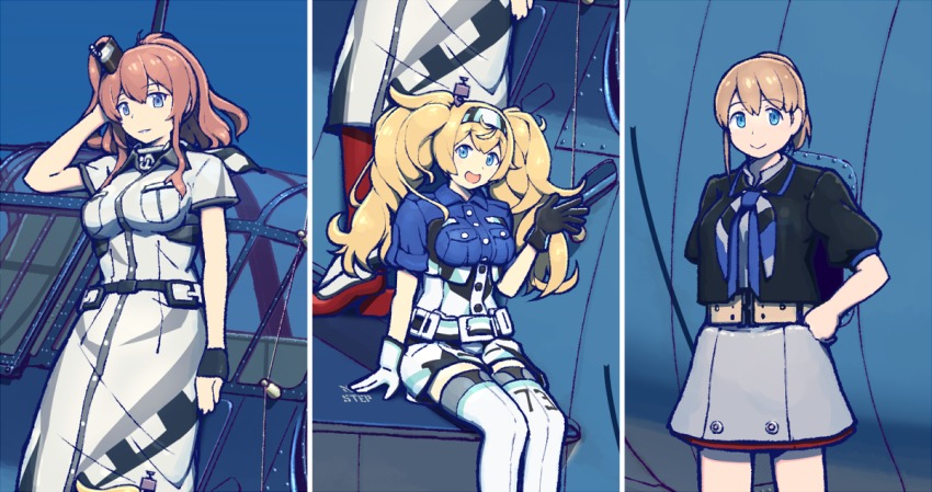 3girls aircraft anchor black_shirt blonde_hair blue_eyes breast_pocket breasts brown_hair dress gambier_bay_(kancolle) gloves hair_between_eyes hair_ornament hairband high_side_ponytail intrepid_(kancolle) intrepid_kai_(kancolle) kantai_collection large_breasts long_hair multiple_girls multiple_views nakaaki_masashi neckerchief pocket ponytail red_legwear saratoga_(kancolle) shirt short_hair side_ponytail smokestack tbf_avenger thighhighs twintails white_dress