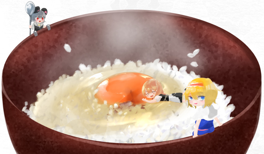 3girls alice_margatroid animal_ears apron black_footwear black_skirt black_vest blonde_hair blue_dress blue_eyes blush bow bowl braid capelet commentary_request cookie_(touhou) crystal dare_who_zzzz dress egg_yolk full_body grey_vest hair_bow hairband highres holding holding_spoon ichigo_(cookie) jewelry kirisame_marisa long_hair long_sleeves looking_at_viewer looking_back mini_person minigirl mouse_ears mouse_girl multiple_girls nazrin nyon_(cookie) open_mouth pendant puffy_sleeves red_bow red_eyes red_hairband rice rice_bowl shirt shoes short_hair short_sleeves skirt smile socks spoon suzu_(cookie) tamagokake_gohan touhou vest waist_apron white_capelet white_legwear white_shirt