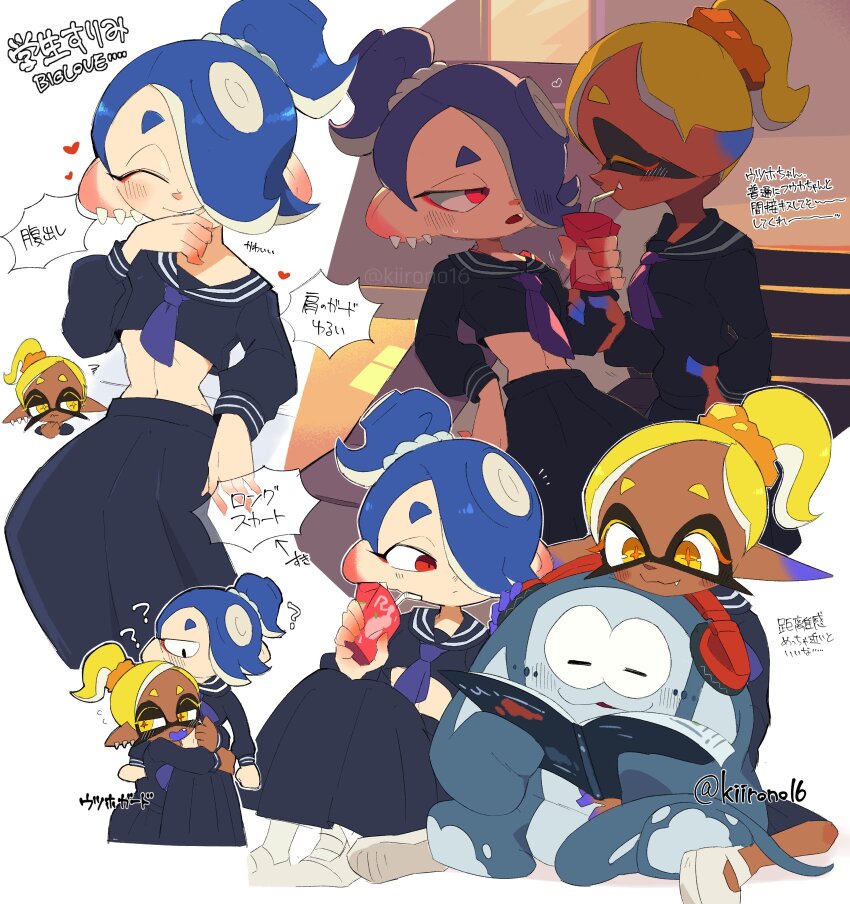 big_man_(splatoon) big_man_(young)_(splatoon) black_shirt black_skirt blonde_hair blue_hair book dark_skin ear_piercing frye_(splatoon) frye_(young)_(splatoon) highres kiirono long_skirt midriff nintendo piercing pointy_ears ponytail reading red_eyes school_uniform serafuku shirt shiver_(splatoon) shiver_(young)_(splatoon) skirt splatoon_(series) splatoon_3 yellow_eyes